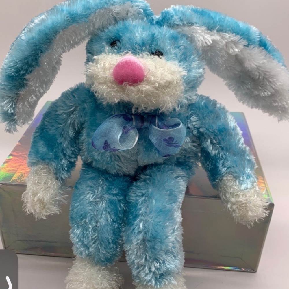 Dan Dee blue fuzzy bunny  bean bottom 10" blue butterfly bow pink nose